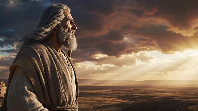 Elderly bearded sage in flowing robes stands on a windswept rocky cliff, leaning on a wooden staff, gazing across a vast sunlit plain beneath dramatic storm clouds and golden rays.