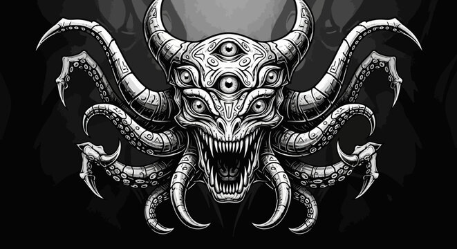 Detailed black and white illustration of a terrifying multi-eyed monster with horns, fangs, and tentacles. Dark fantasy creature art.