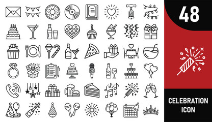 Set of 48 hand drawn celebration and party icons with food drinks gifts and festive elements for holiday events and birthdays Vector © Juwel