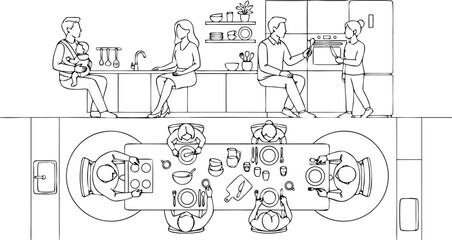 Obraz premium Family daily life routine in kitchen and dining room with top view and side view minimalist continuous line art vector