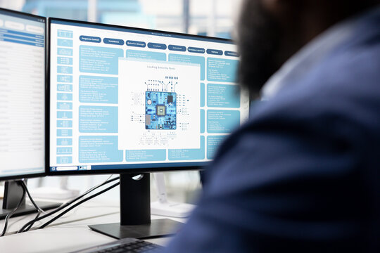 Engineering team verifying PCB manufacturing plant microelectronics reliability. Teamworking colleagues working in specialized fab RD office focused on semiconductors powering electronics