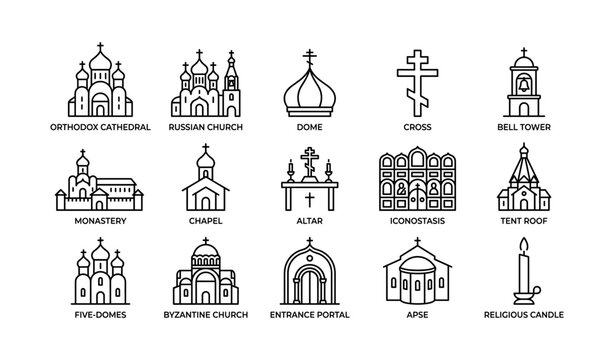 Orthodox church icons depicting domes, crosses and structures