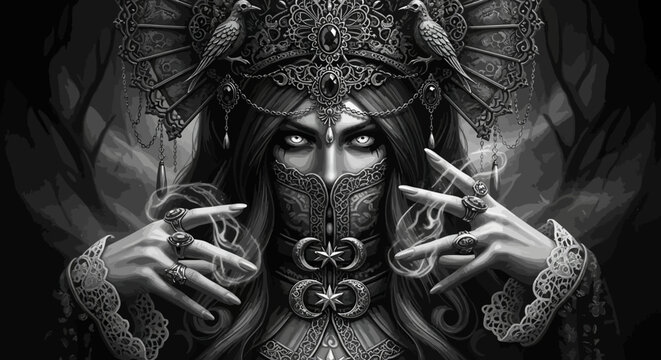 Regal Dark Fantasy Woman with Intricate Crown, Veiled Face, and Powerful Gaze in Monochrome Art