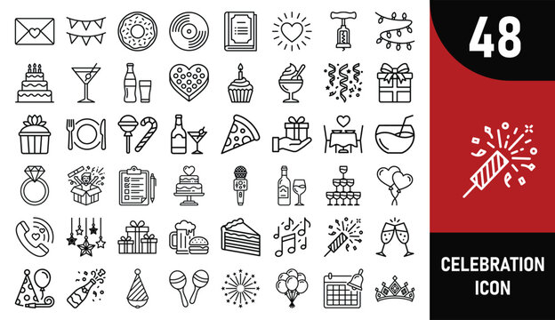 Set of 48 hand drawn celebration and party icons with food drinks gifts and festive elements for holiday events and birthdays Vector