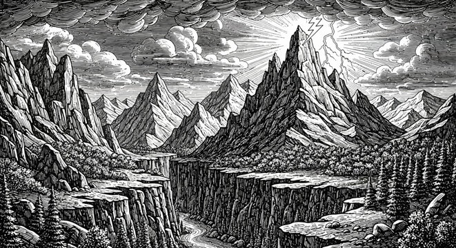 Majestic grayscale mountain landscape with a deep river canyon, towering peaks, and radiating light in the dramatic sky