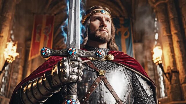 Regal medieval king in polished armor and chainmail stands in a torchlit great hall beneath heraldic banners, holding a glowing jeweled sword aloft in a ceremonial heroic pose.