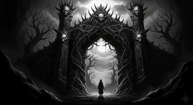 Mysterious cloaked figure approaches an ominous gothic fantasy gate with thorns and twisted roots in a dark, eerie forest under moonlight.