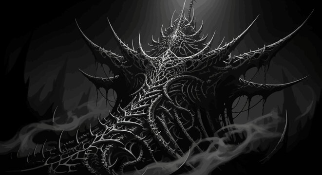 Intricate dark fantasy throne-like structure concept art. Mysterious, powerful, and ancient monstrous entity in a grayscale setting.