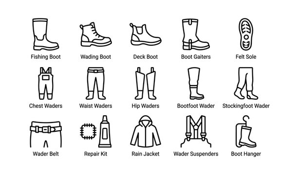 Fishing waders boots and accessories icons on white background