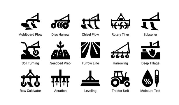 Agricultural tillage and cultivation icons on white background