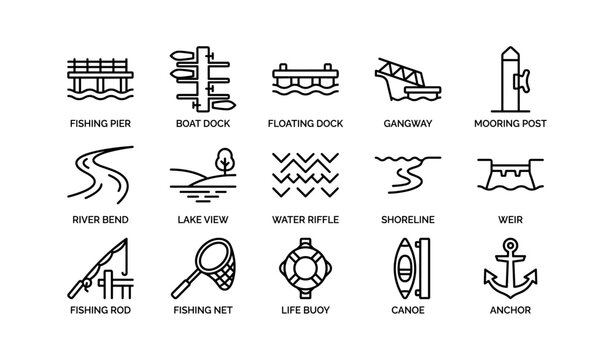 Water and boating symbols depicting docks and fishing gear
