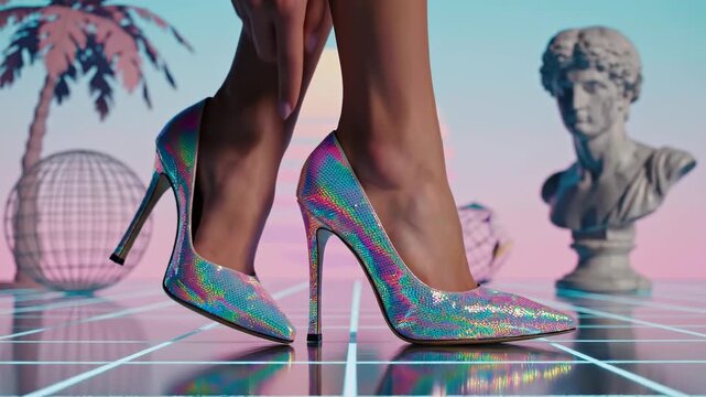 Close-up of woman's legs wearing iridescent stiletto high heels on a reflective neon grid floor with palm, marble bust and geometric sculptures against a pastel vaporwave sunset