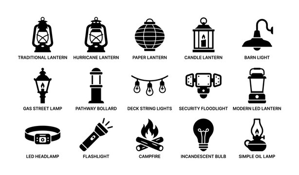 Lighting and lantern icons showing lamp types on white background
