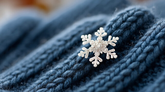 Macro image of intricate snowflake on blue knit fabric highlighting winter beauty and nature's artistry