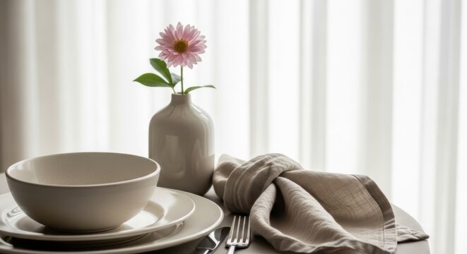 Simple table setting with ceramic bowl vase and single flower for dining background and elegant tableware styling
