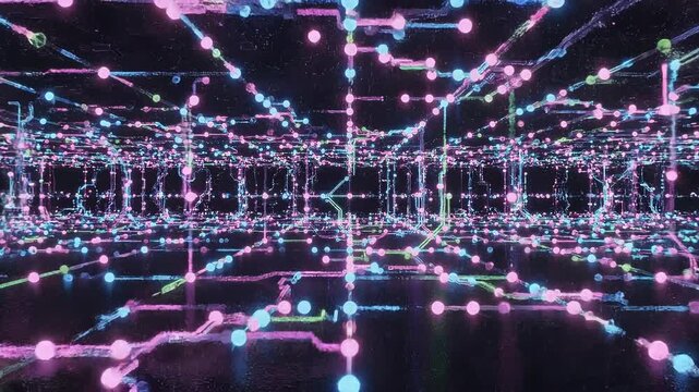 Neon network grid of glowing nodes and circuitry forming a virtual tunnel-like data matrix, with luminescent spheres, particles and lines in a futuristic cyberpunk visualization.