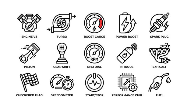 Automotive engine and performance icons displayed on white background