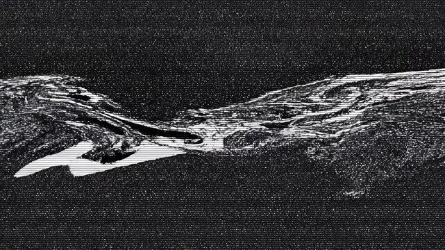 Monochrome television static and digital glitch featuring a central white void and elongated swirling noise bands across a grainy black-and-white screen, abstract distortion
