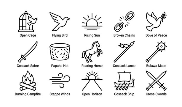 Freedom and cossack symbols displayed in grid on white background