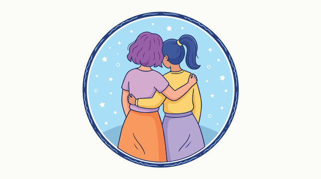 Two friends with arms around each other standing back to back in a colorful illustration for Best Friends Day against a