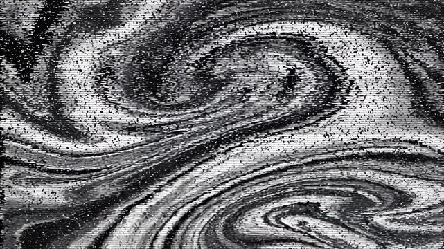 Two-frame video of monochrome swirling marbled patterns with glitchy pixelation and brick-textured distortion, creating a hypnotic vortex of liquid motion and visual noise