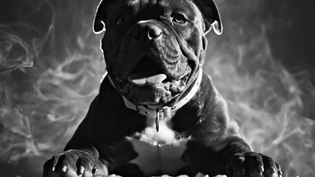 Black and white American Bully dog panting with tongue out wearing a collar with smoke background