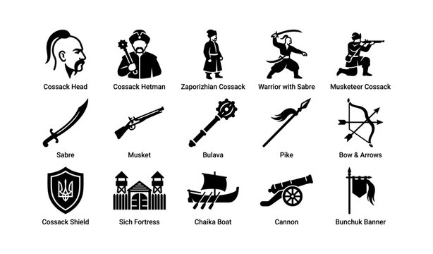 Cossack figures and weapon icons arranged in grid on white background