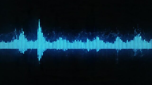 Glowing cyan audio waveform visualization across a dark textured background, depicting digital sound frequencies, pulse peaks, neon equalizer bars and glowing audio signal energy