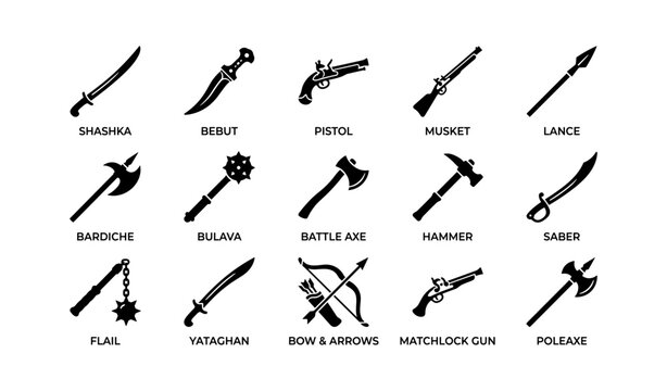 Historical weapons displayed in grid on white background