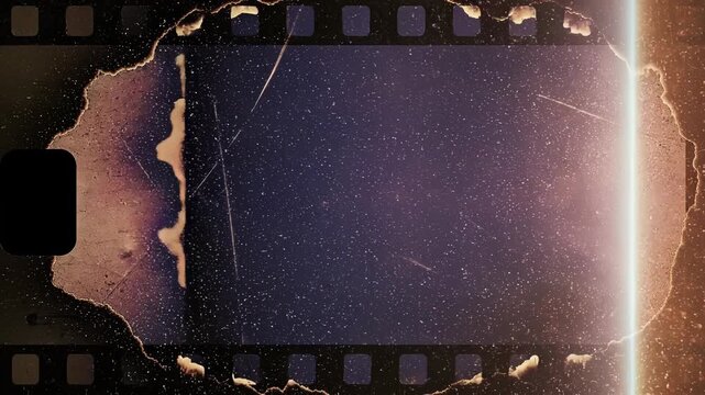 Burned and distressed vintage film strip frames with torn perforated edges, light leaks, heavy grain, scratches, speckled dust and sepia patina creating cinematic abstract decay