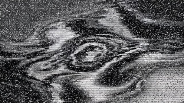 Monochrome abstract of swirling TV static forming a central vortex with concentric rings, highlighting analog signal interference, glitch textures and speckled noise.