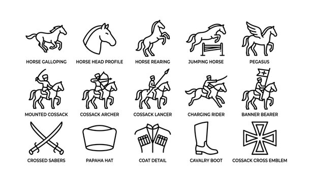 Line icons of horses and mounted cossack riders and gear