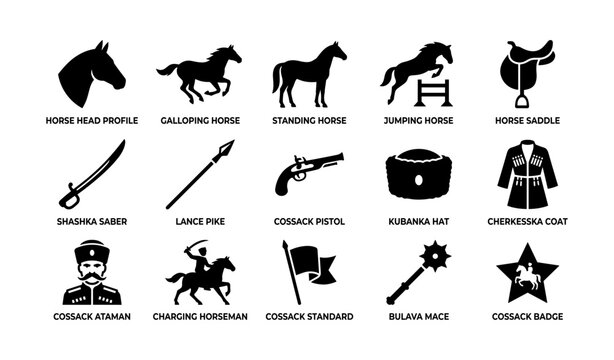 Cossack and horse silhouette icons showing weapons and attire