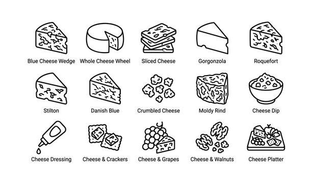 Cheese and dairy icons arranged in grid on white background