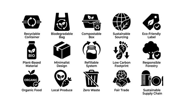Sustainability and eco labels arranged in grid on white background