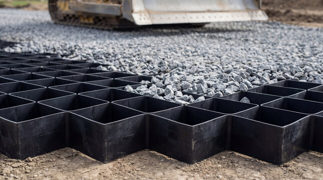 Plastic geogrid filled with stone for ground stabilization. Road construction site with heavy machinery preparing base layer for pavement. Civil engineering project for infrastructure.