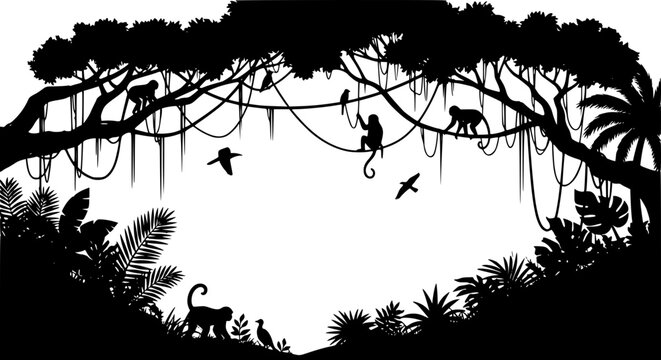 Tropical jungle silhouette with monkeys birds and exotic plants in a forest landscape