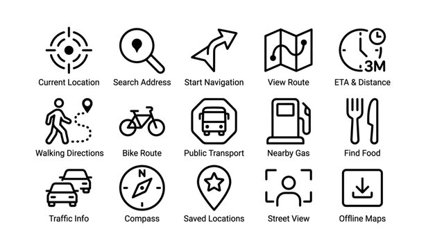 Navigation and location icons arranged in grid on white background