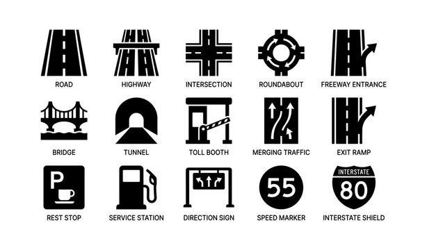 Roadway and traffic symbols for navigation on white background