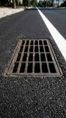 Fototapeta premium Cast iron storm drain grate on new asphalt road surface. Urban infrastructure and sewage drainage system. Street maintenance and civil engineering construction project with white line.