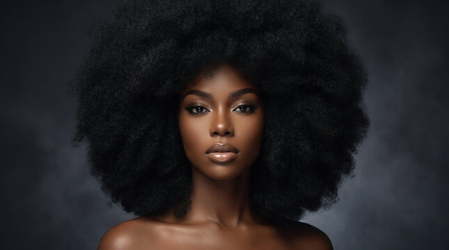 Ebony black African model with natural afro hairstyle, beauty portrait with full textured volume, defined curls and radiant skin, bold elegant look for Juneteenth and Black History Month
