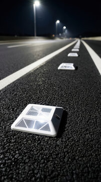 Reflective road marker on highway asphalt at night. Glowing road stud for lane marking and traffic safety. Infrastructure maintenance and illuminated highway navigation transport concept.