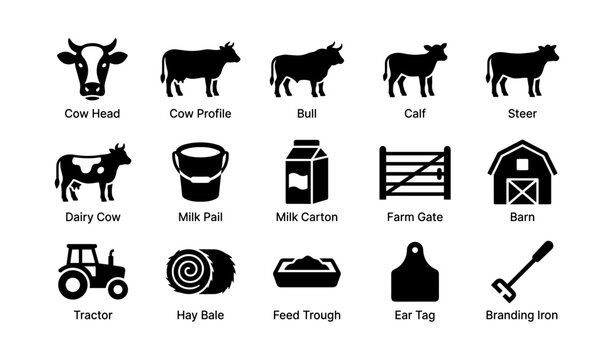 Farm and dairy icons displayed in labeled grid on white background