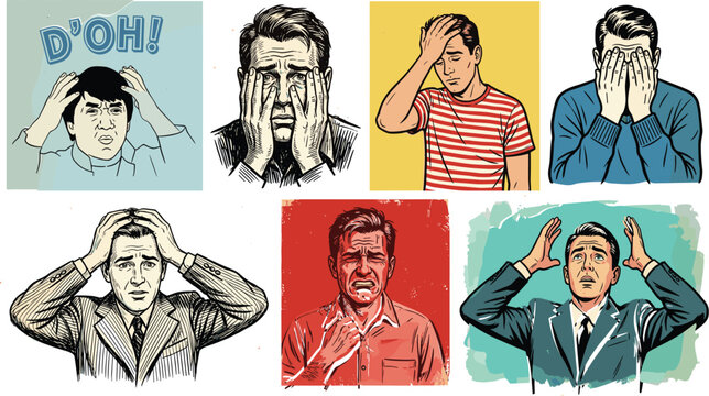 Collection of 7 Retro Comic Style Illustrations of Men Expressing Frustration, Facepalms, Regret, and Despair for Editorial and Social Media Use