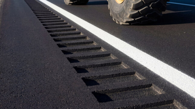 Road construction site with rumble strip on new asphalt pavement. Highway maintenance worker roller machine wheel on dark tarmac. Infrastructure development and safety engineering concept.