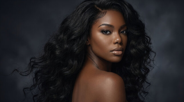 Ebony black African model with long wavy hairstyle over shoulder, beauty portrait with turned pose, flowing textured hair and glowing skin, elegant fashion look for Juneteenth and Black History Month
