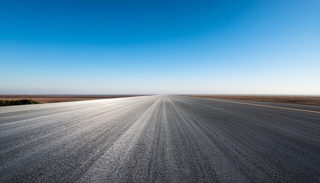 a large empty runway with a clear blue sky above