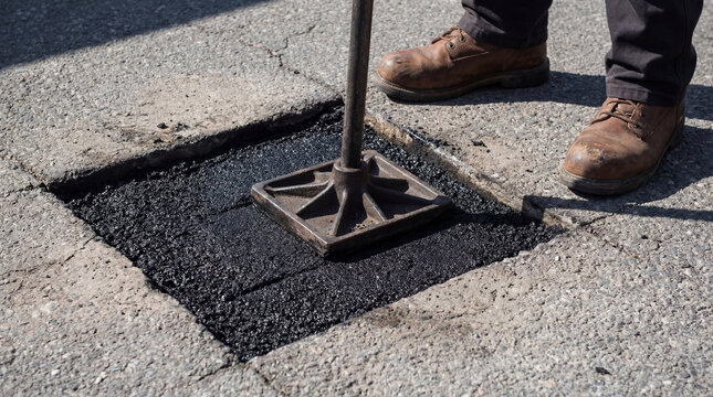 Road worker compacting fresh asphalt in small pothole repair. Man using hand tamper to smooth pavement patch. Construction site maintenance and industrial infrastructure improvement work.