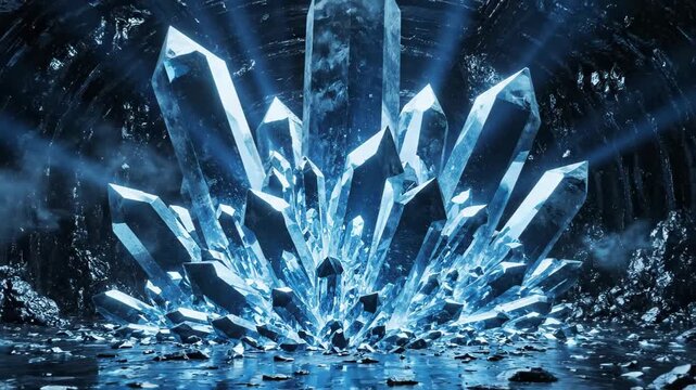 Massive luminescent blue quartz crystal cluster erupting from a subterranean cavern floor, faceted prisms and reflective puddles illuminated by dramatic shafts of light and depth