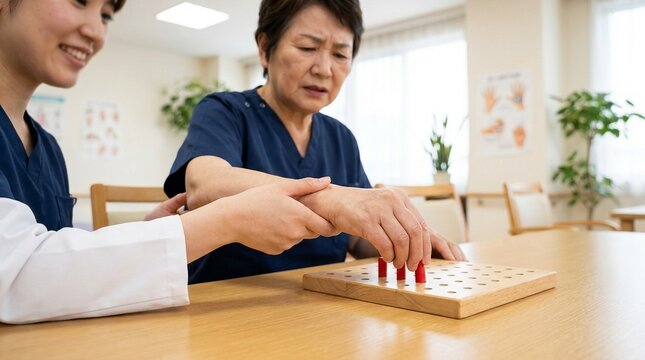 作業療法士による手指機能回復訓練：集中する患者の手元